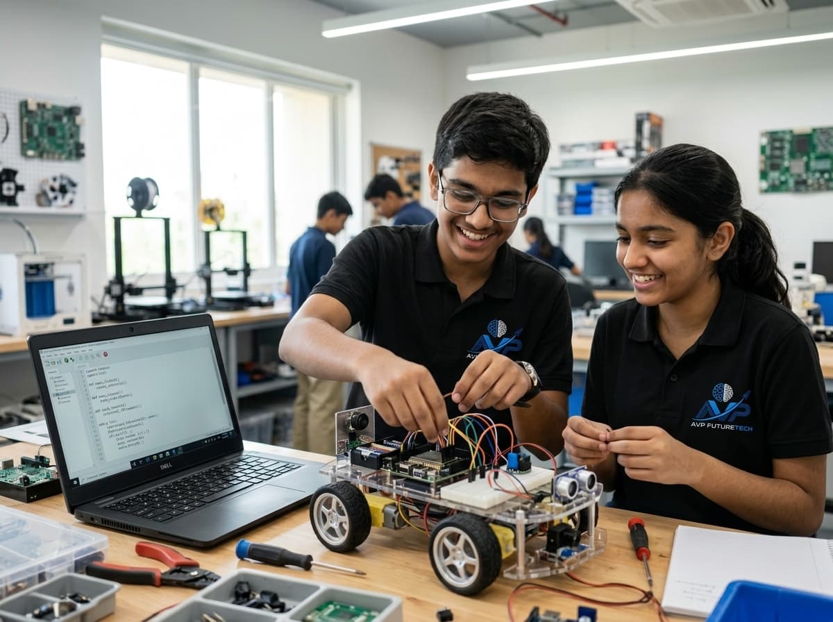 Indian school students wearing black AVP polo shirts collaborating on hands-on robotics and coding in STEM lab